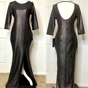 Metallic Silver Black Evening Gown High Slit 3/4 Sleeves Open Back Trixxi Sz L